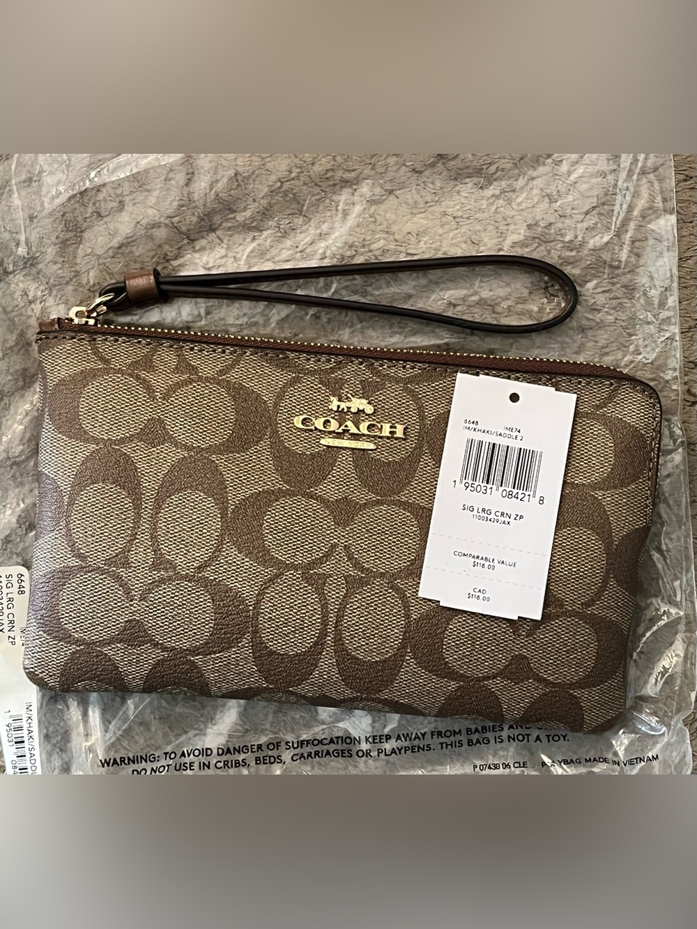 Coach Signature Canvas Large Corner Zip IM/Khaki/Saddle 2